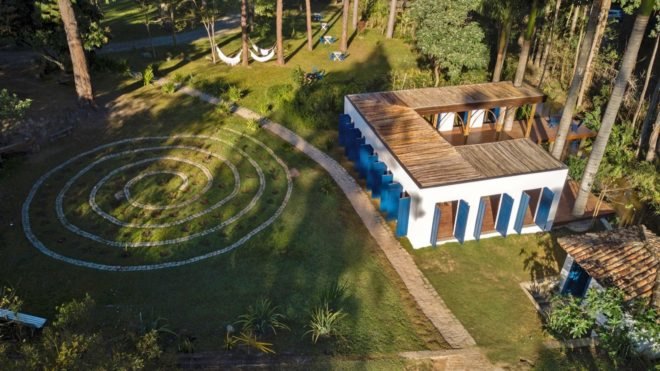 aerial view of white and blue building