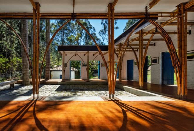 wooden walkway facing a courtyard