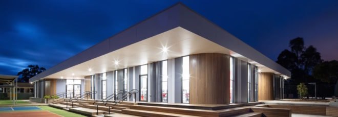 prefab school building at night