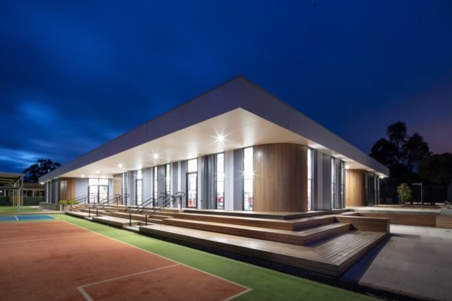 prefab school building at night