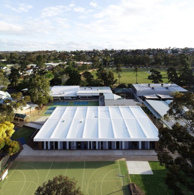 aerial view of several school buildings