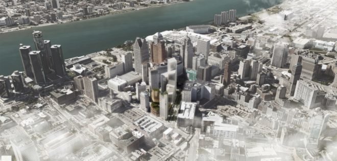 aerial rendering of downtown Detroit