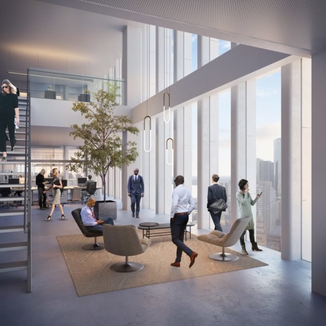 rendering of people walking inside an office