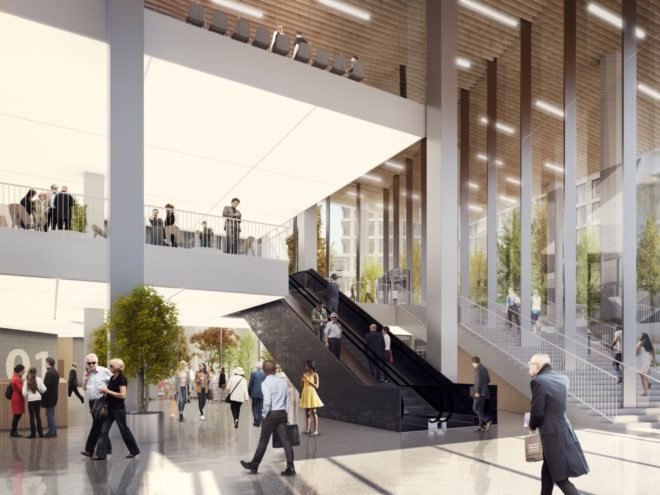 rendering of people on escalators
