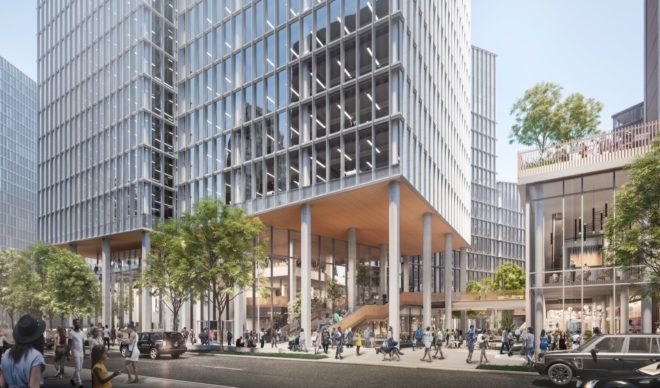 mixed-use high rise tower with walking areas