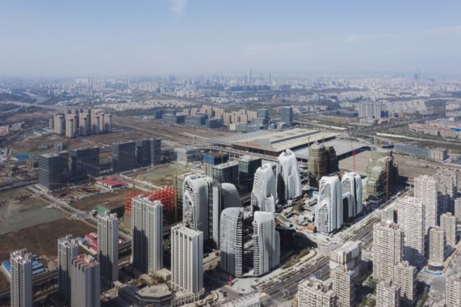 aerial view of city buildings