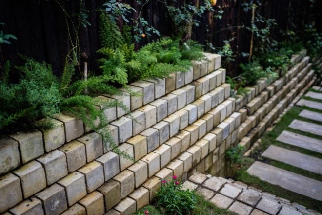 recycled concrete blocks used in a wall as a slope