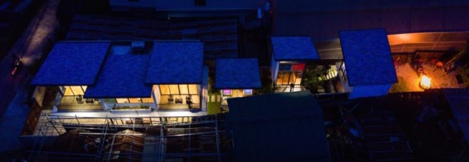 areal view of the hotel and cabins