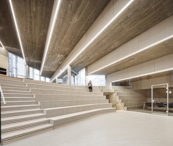 wood-lined lecture room