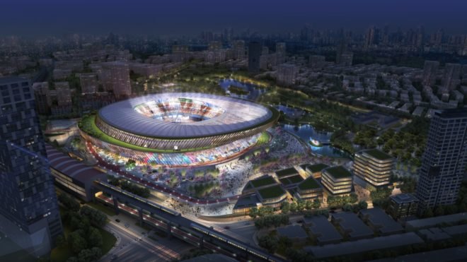 a rendering of the revamped stadium in the evening with the wellness hub illuminated