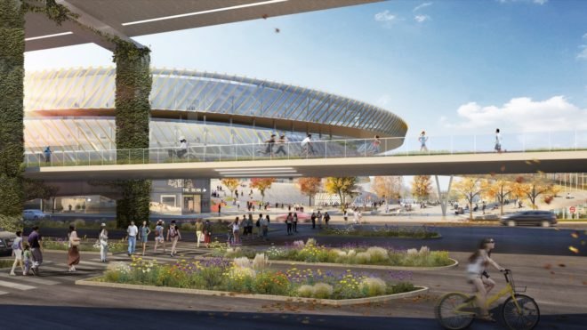 rendering of people outside of the stadium during the day biking, walk and jogging