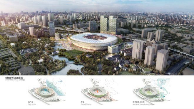 rendering of the stadium surrounded by city buildings