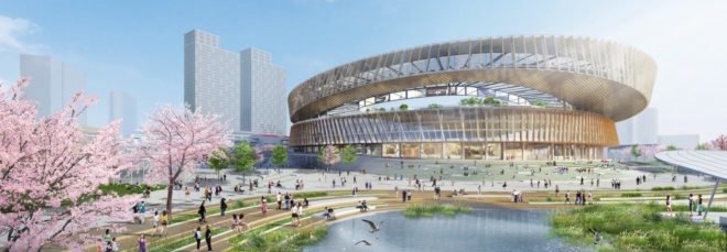 renderings of the wellness hub during the day with people taking part in lake activities