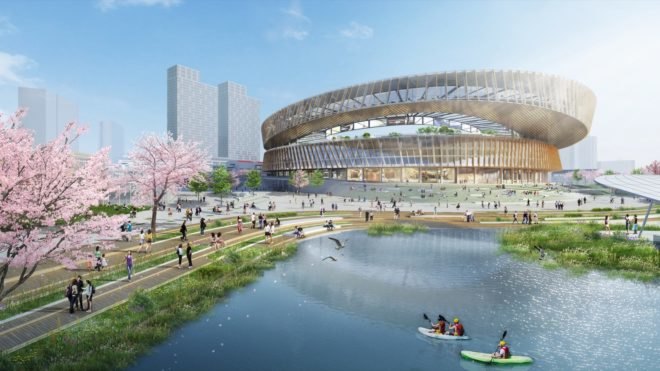 renderings of the wellness hub during the day with people taking part in lake activities
