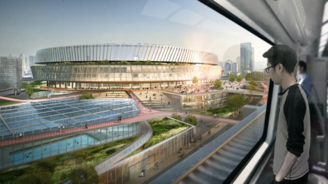rendering of a man looking out of a moving subway towards the stadium