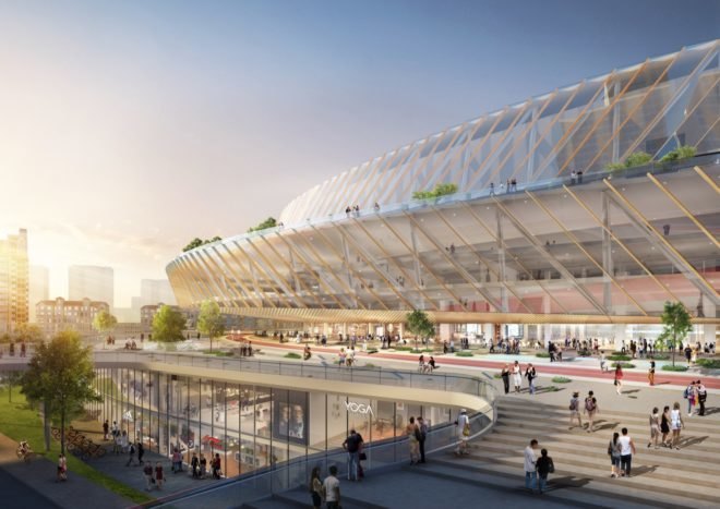 rendering of the outside of the stadium with visible store and restaurants underneath