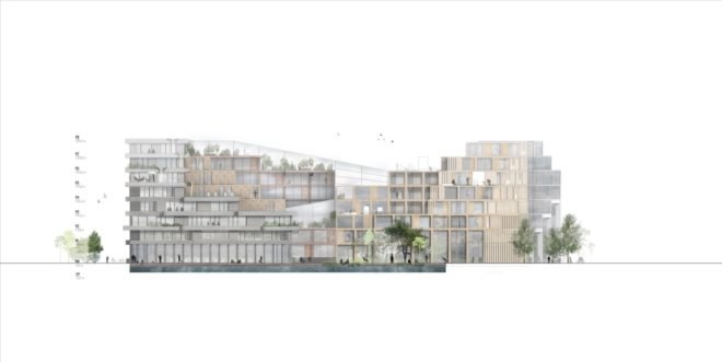 side view of staggered wood and glass building