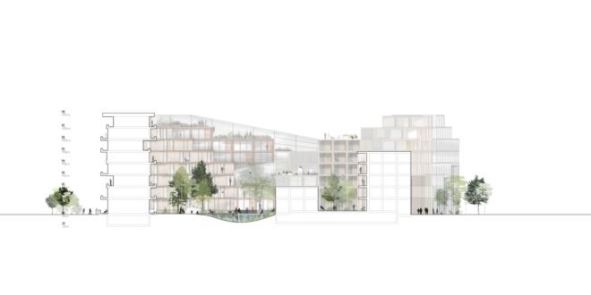 drawing of wood and glass building