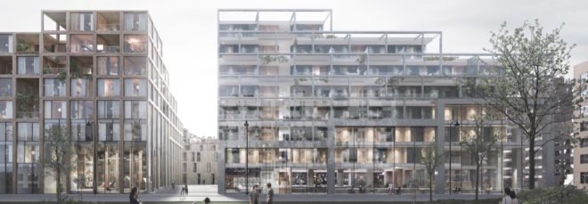 staggered building with glass walls