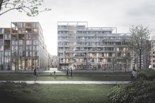 staggered building with glass walls
