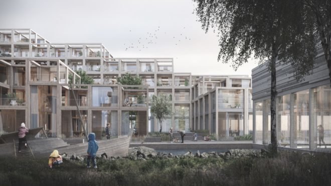 rendering of children playing outside staggered glass and wood building