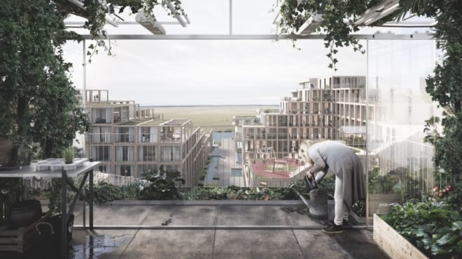 rendering of person watering flowers on a balcony