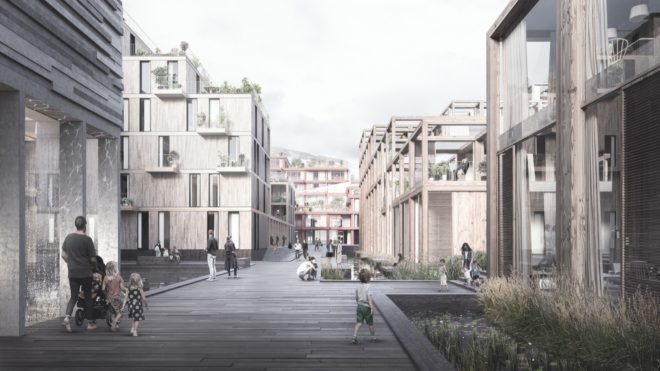 rendering of people walking on wooden boardwalk between wood and glass buildings