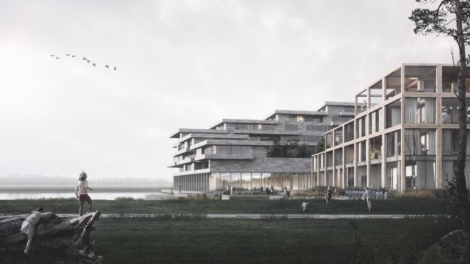 rendering of staggering glass and wood building