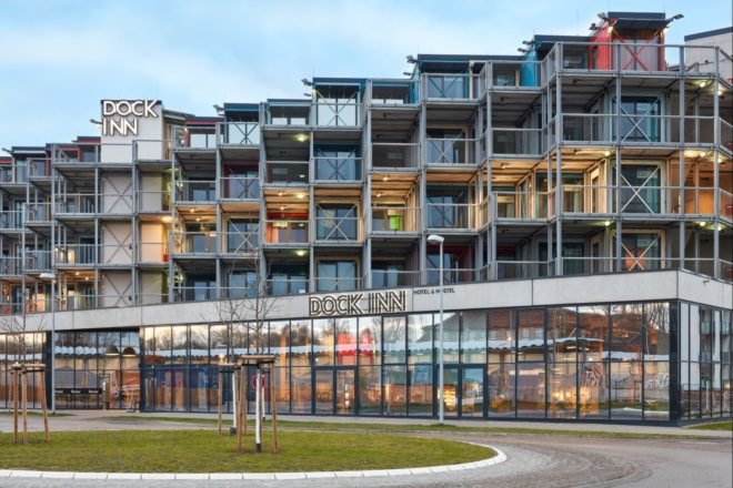 a glass building