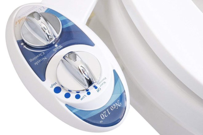 blue and white bidet attached to a toilet