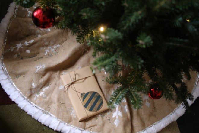 brown paper-wrapped gift under a green tree