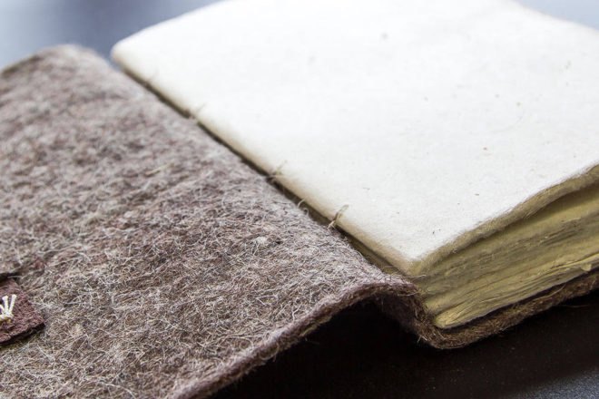 close-up of felt-covered journal