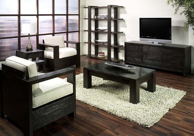 dark wood chairs, coffee table, bookcase and TV stand