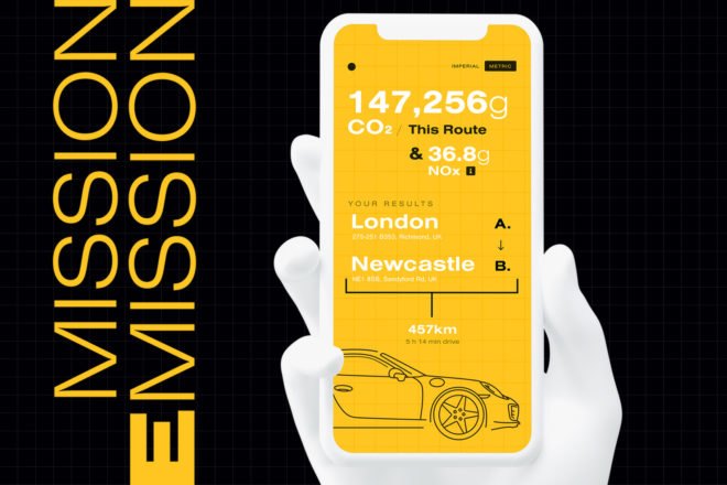 rendering of hand holding phone with screen showing carbon footprint of a trip