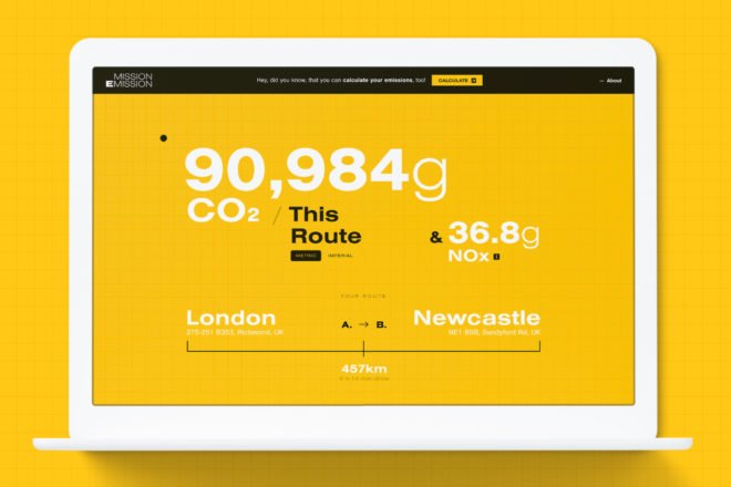 rendering of computer screen showing carbon footprint of a trip