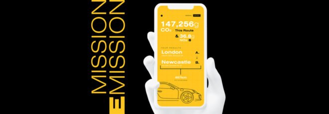 rendering of hand holding phone with screen showing carbon footprint of a trip