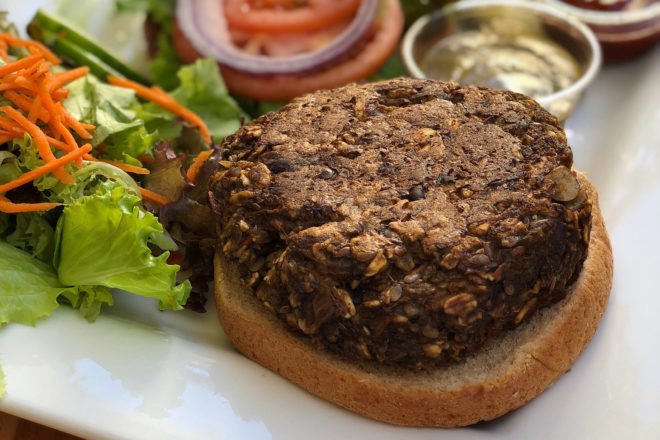 veggie burger and a salad