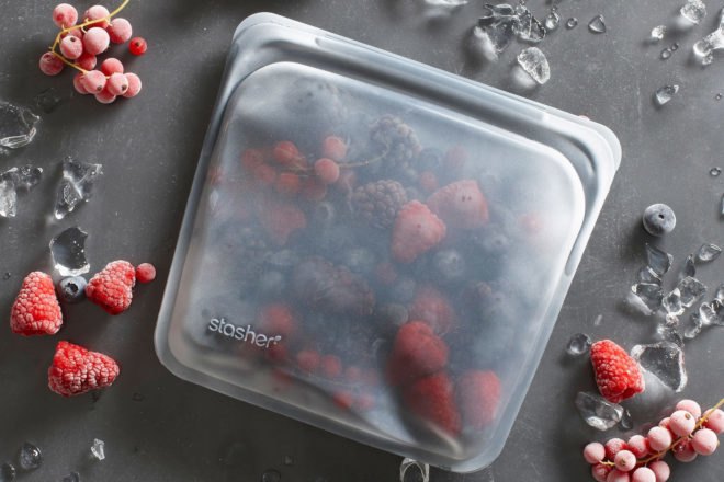 gray silicone bag filled with berries