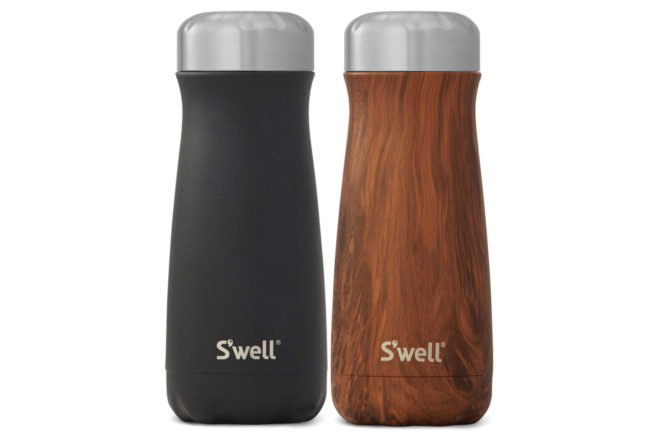 one black and one wood-patterned stainless steel water bottles