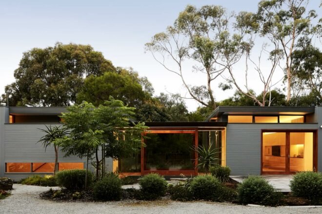 modern home surrounded by trees and garden