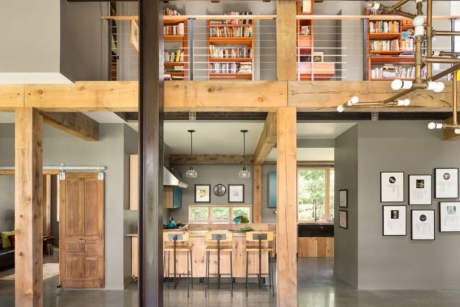 gray room with wood beams