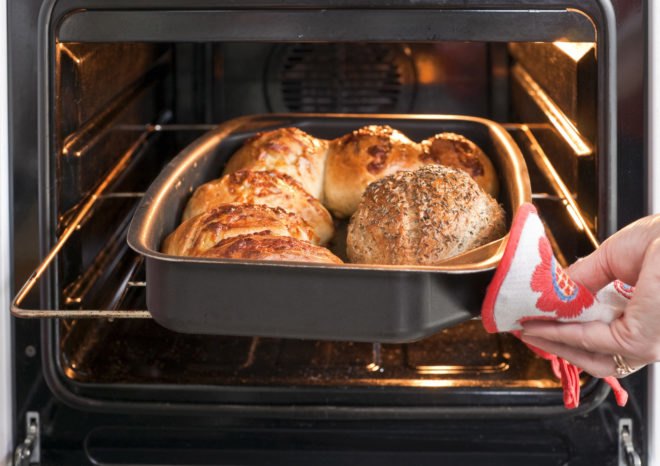 freshly baked bread in oven
