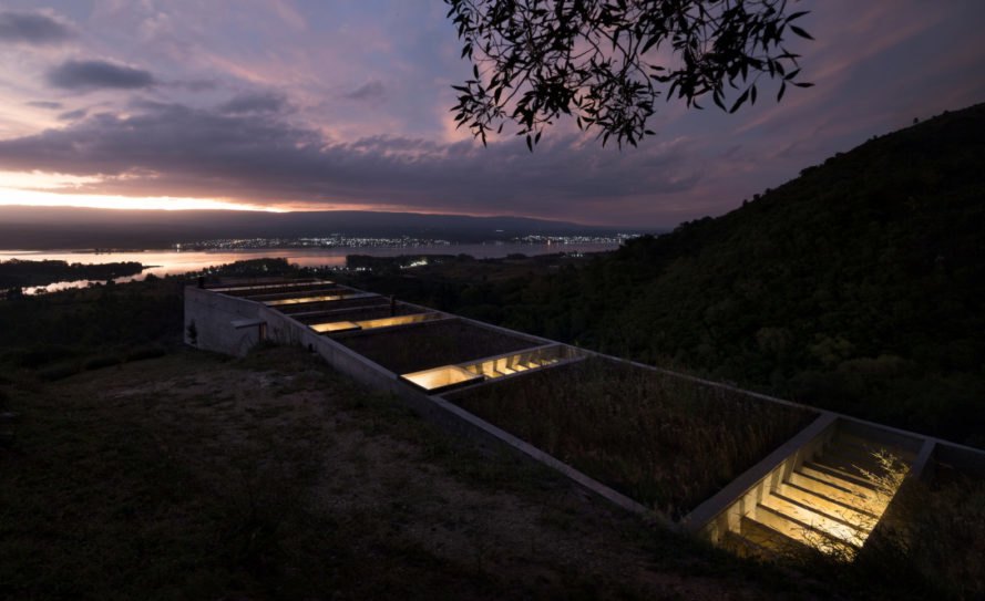 a rectangular home with green roof at dusk