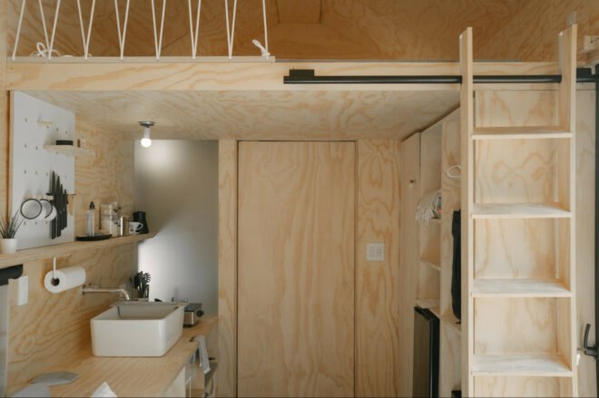 wood-clad interior of tiny cabin