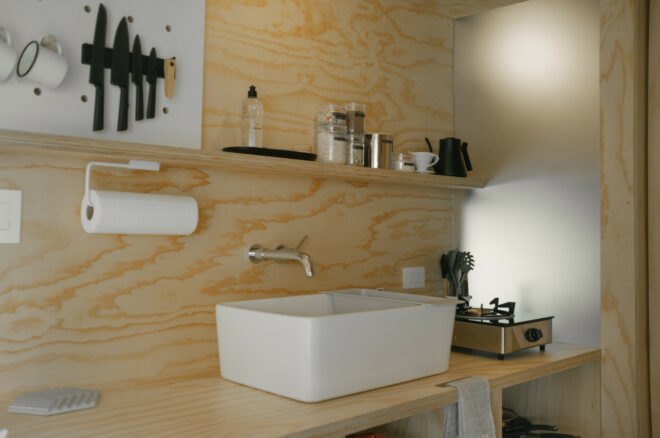 bathroom with square white sink