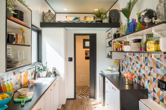 colorful kitchen and living space of tiny home