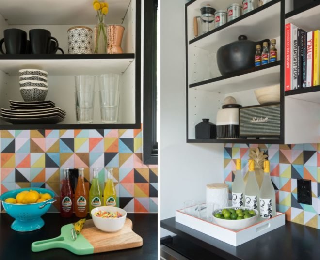 small kitchen with multicolored tiles and shelves