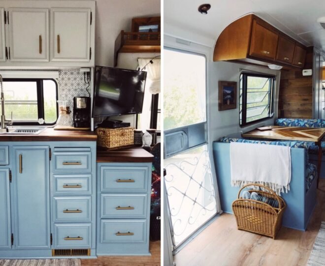 kitchen space with blue cabinets inside renovated RV