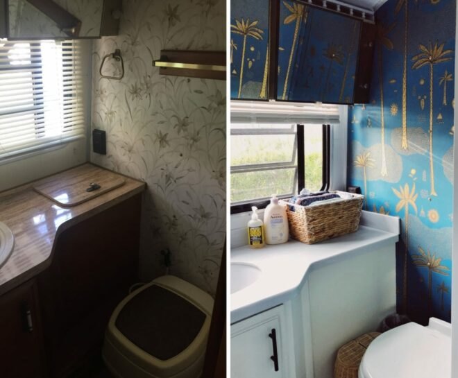 dark before picture of old RV bathroom next to bright after picture of modern bathroom