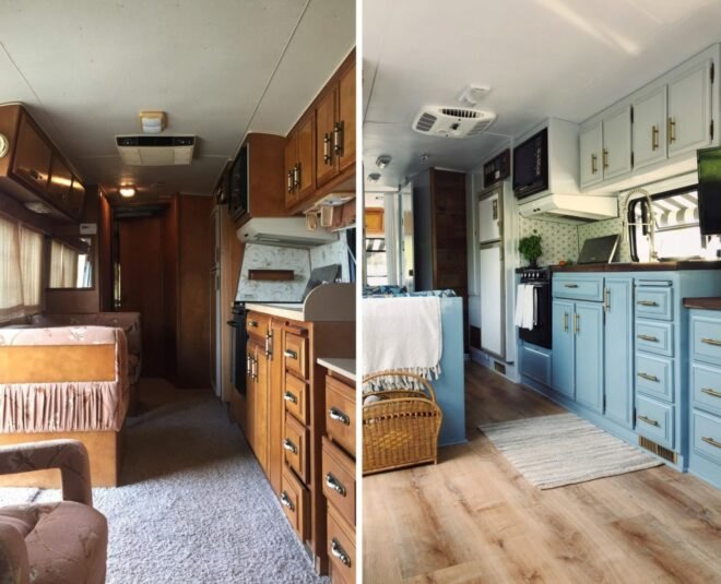 before and after of old rundown RV interior into bright living area with pops of blue design